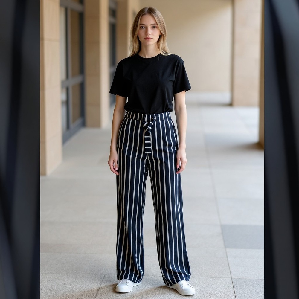 H&M Navy White Stripe Wide Leg Trousers Paperbag Waist Nautical Chic